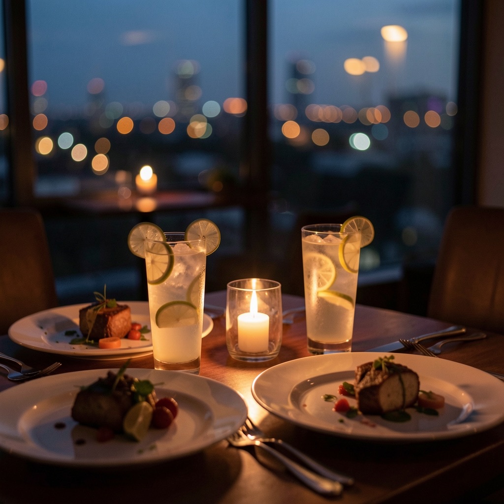 Intimate candlelit dinner table for two