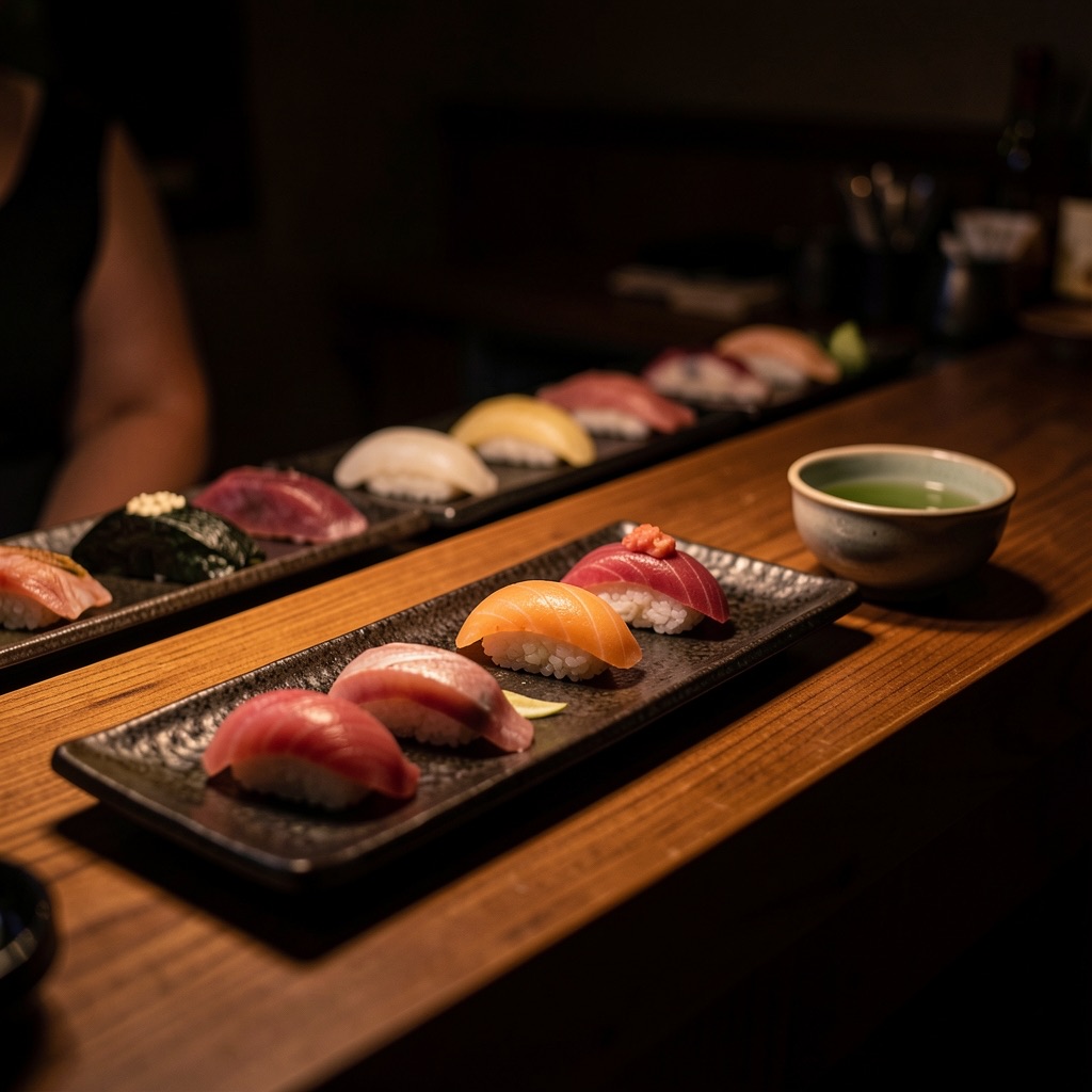 Sushi nigiri plated on dark ceramic at an omakase counter