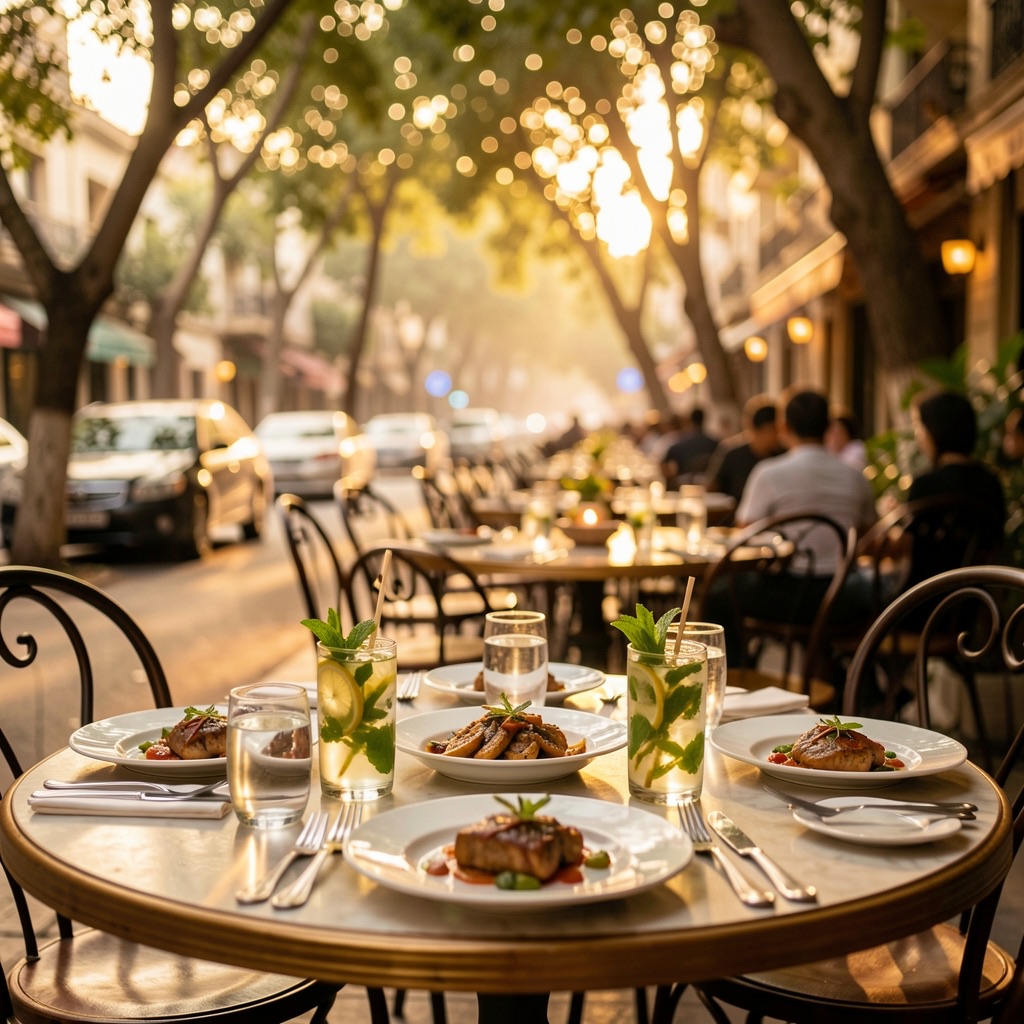 Restaurant terrace table on a leafy Zamalek street
