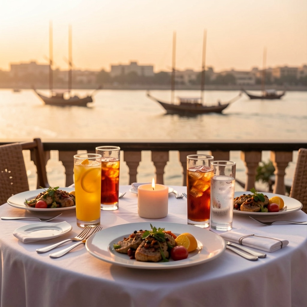 Dinner table on a terrace overlooking the Nile at sunset