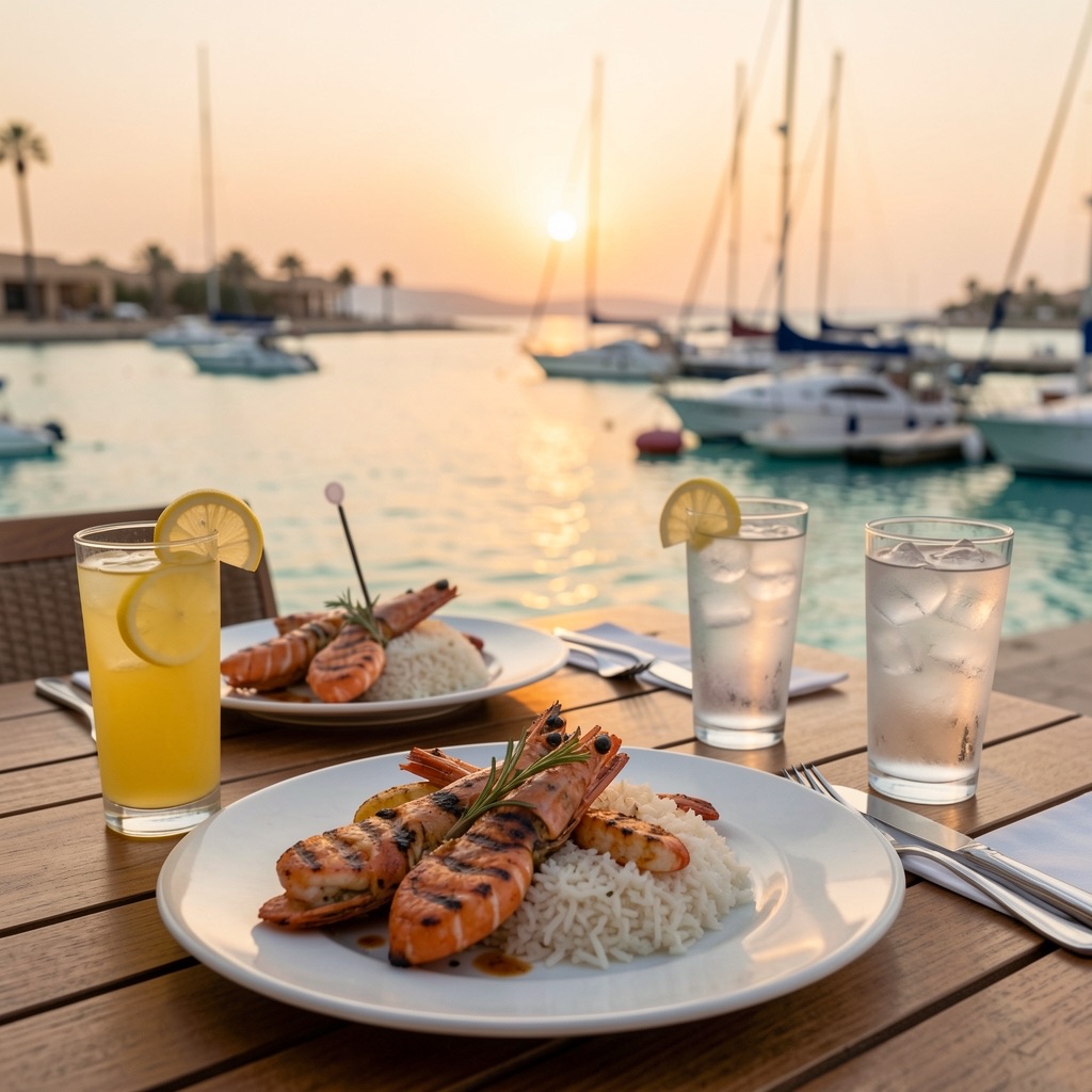 Marina dinner table at sunset in El Gouna