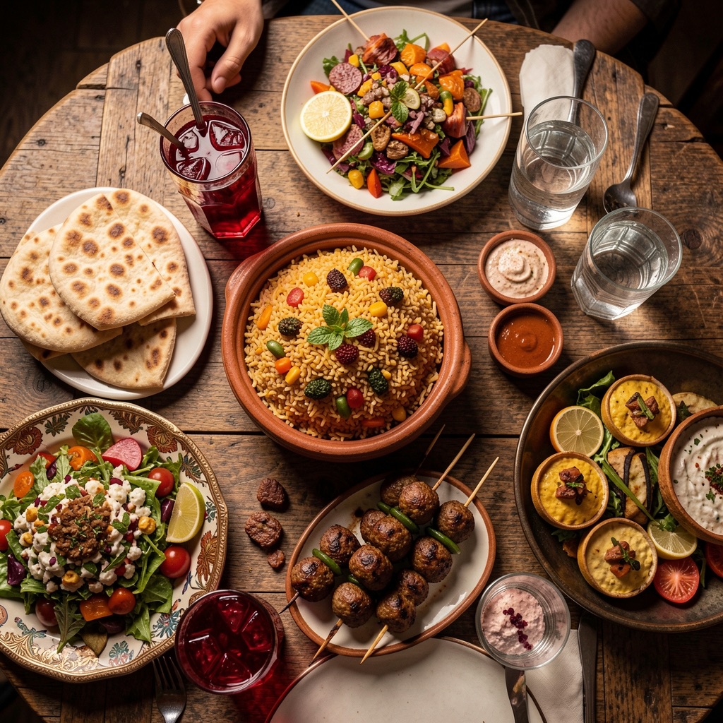Overhead spread of classic Egyptian dishes