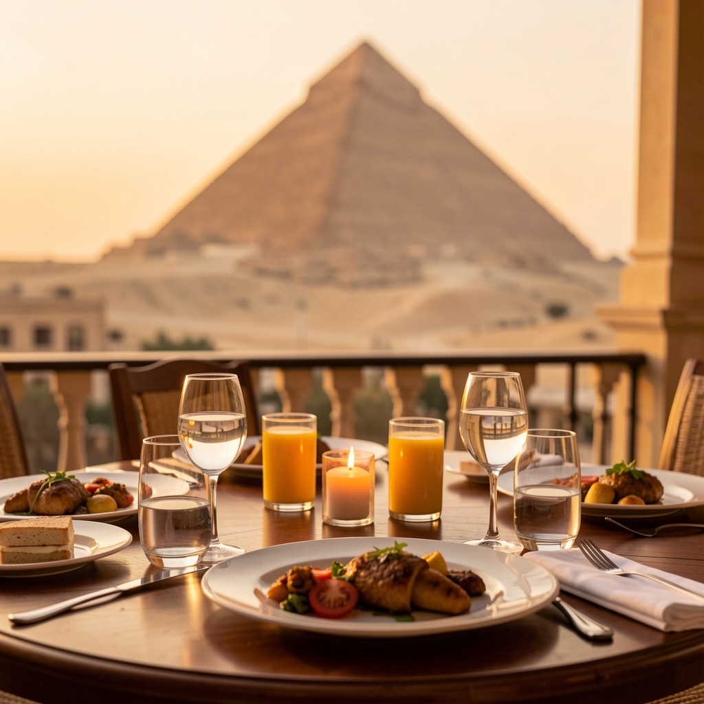 Restaurant table with the Pyramids of Giza in the background