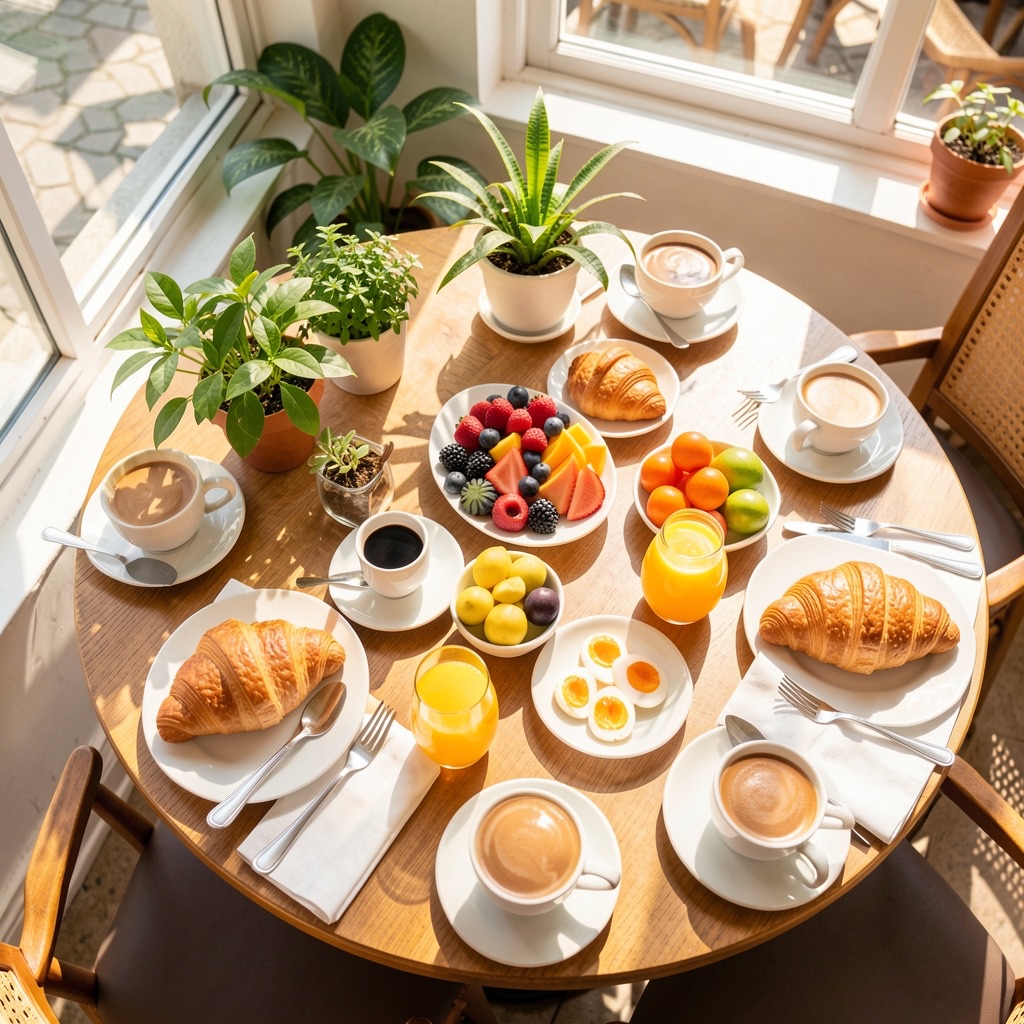 Sunlit weekend brunch table
